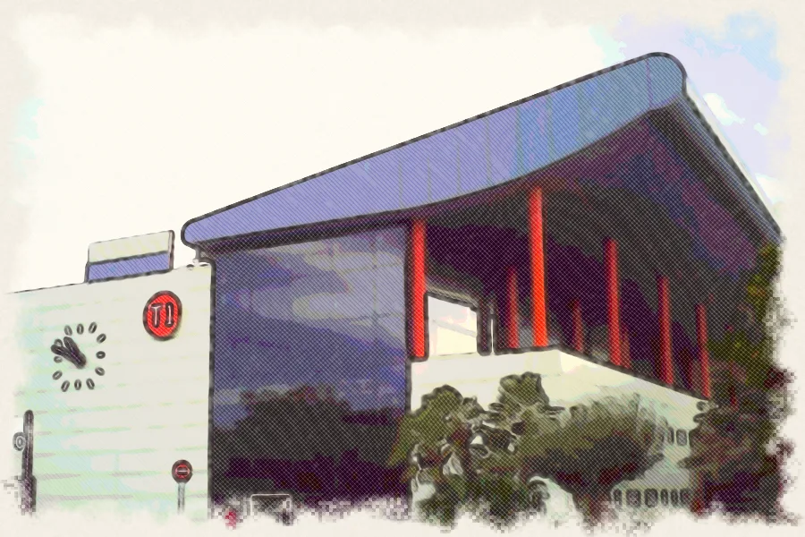 Dibujo a lápiz de colores de la terminal del aeropuerto de Alicante-Elche