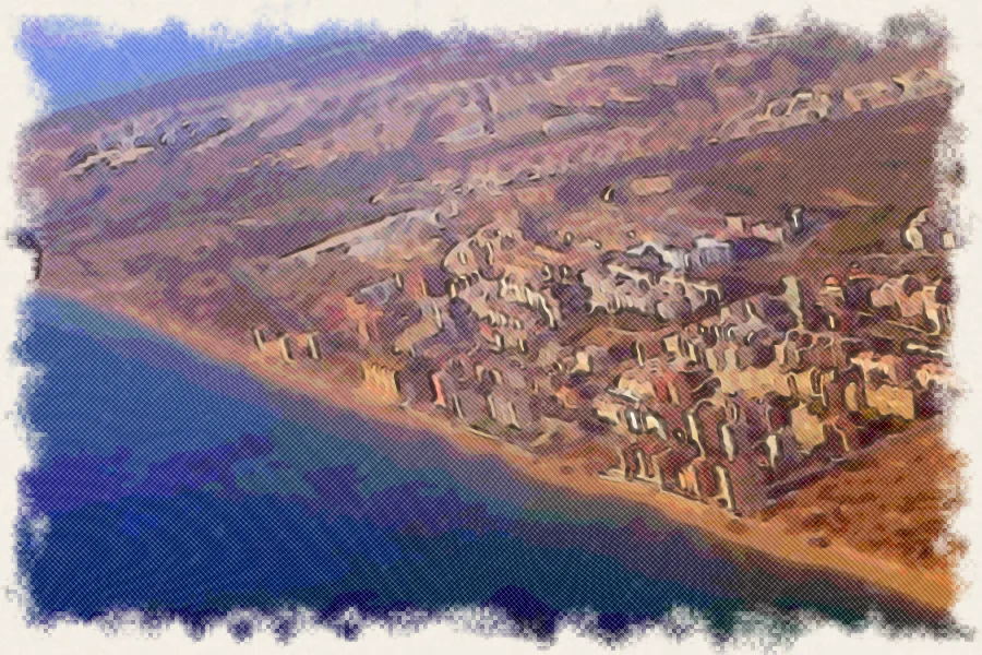 Dibujo a lápiz de colores de la playa de Arenales del Sol vista desde el aire