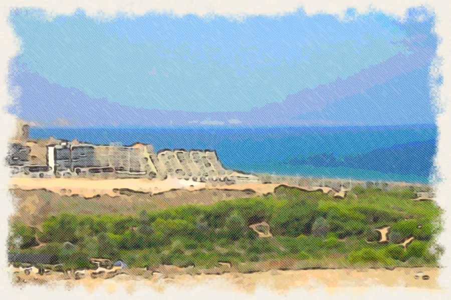 Dibujo a lápiz de colores de Gran Alacant y el mar en invierno